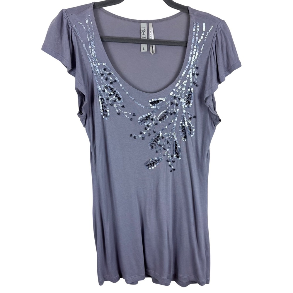 Kische Women Purple Grey Sequin Beaded Flutter Sleeve Scoop Neck Top Large 13117